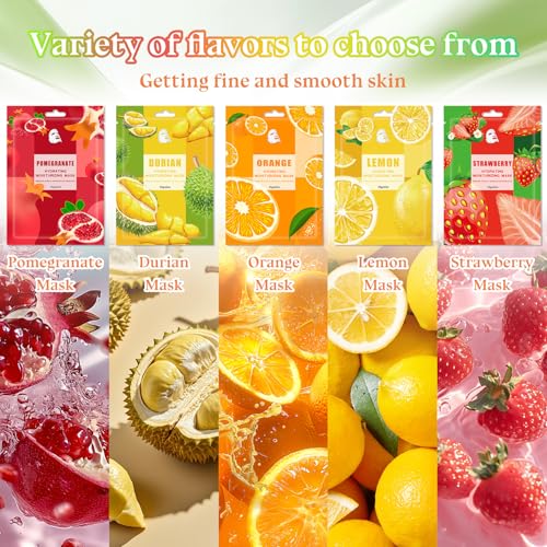 10PCS Hydrating Face Masks,Moisturizing Facial Masks for Women and Men,Fruit Overnight Facial Sheet Mask,Lightweight and Non-greasy Face Sheet Mask for All Skin Type 11