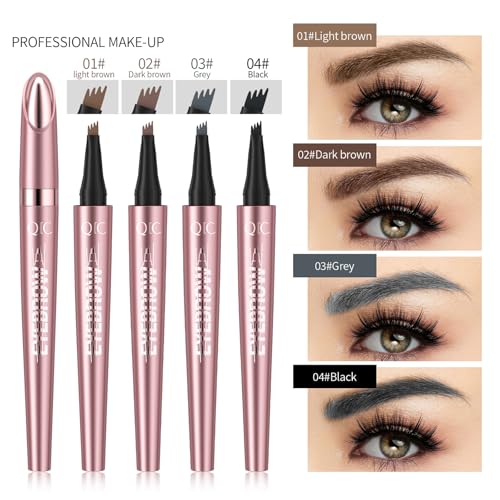 4 Pack 3D Eyebrow Pencil, 4 Tip Microblading, 24 Hours Smudge Proof Brow Pen, Brow Pen Makeup Natural Fine Stroke, Waterproof Eyebrow Pencil (Light Brown, Dark Brown, Grey, Black)
