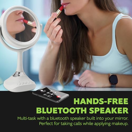 Homewerks 76-101-BT 7.5-inch Personal Makeup Mirror with Bluetooth Speakers and LED Lighting, Handheld Bluetooth Vanity Mirror with Lights for Bathrooms, Bedrooms, or Dorm Room Essentials