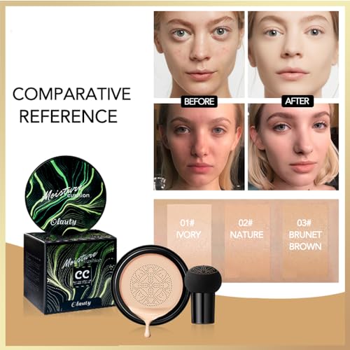 Mushroom Head Air Cushion CC Cream Foundation, Moisturizing Concealer BB Cream Nude Long Lasting Matte CC Cream Makeup Liquid Foundation (2pcs Ivory)