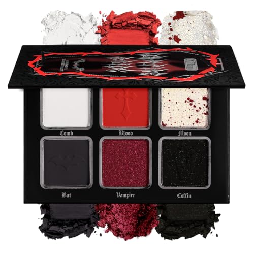 Black Red Eyeshadow Palette, Highly Pigmented True Red White Dark Grey Goth Smoky Eyeshadow Palette, 6 Color Matte Shimmer Burgundy Metallic Halloween Makeup Palette for Zombie Vampire Clown,Blendable