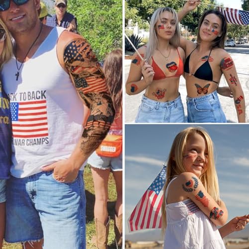 4th of July Temporary Tattoos Full & Half Arm - American Flag Tattoos for Kids Women Men Fourth of July Party Decorations and USA Party Favors,Independence Day Party Supplies