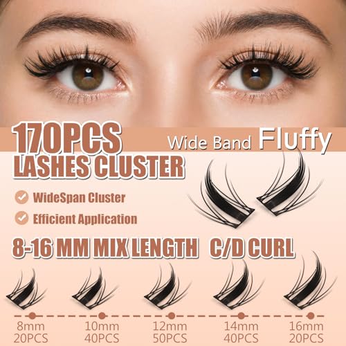 Fairy Lash Kit 170PCS Wide Band Lash Clusters DIY Extension Kit with 2-in-1 Bond & Seal Remover & Applicator 8?16mm Mixed Lengths & Volume Lash Set for All-Day Glam