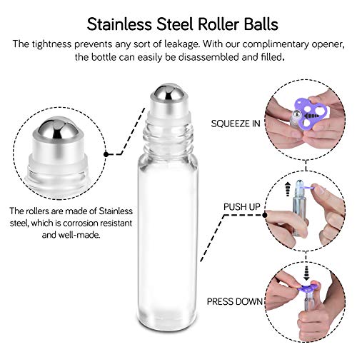 PrettyCare Essential Oil Roller Bottles 10ml (24 Pack Clear Glass Bottle with Bamboo Lid, 4 Extra Roller Balls£¬48 Labels, 2 Openers, 2 Funnels, 4 Droppers, Roller Balls For Essential Oils