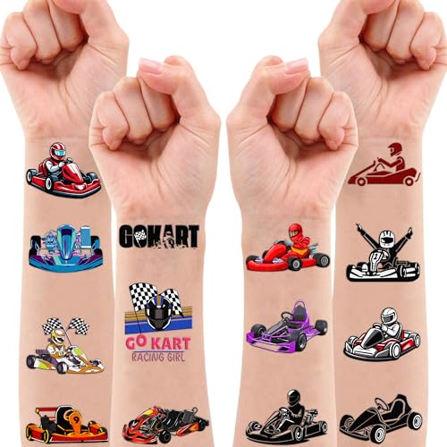 100 PCS Go Kart Car Temporary Tattoos Themed Birthday Party Decorations Favors Supplies Decor Karts Race Car Checkered Flag Racing Tattoo Stickers Gifts For Game Boys Girls Classroom School Prizes