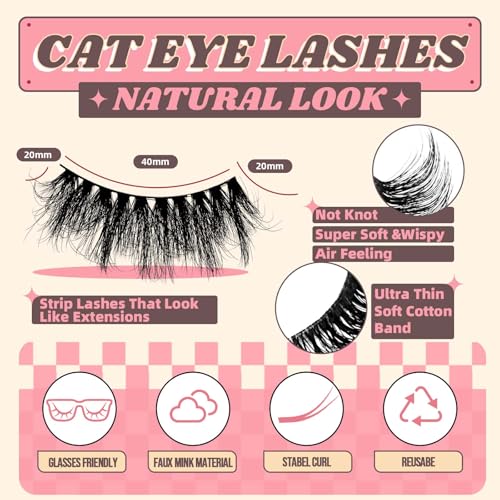 FADVAN False Eyelashes Faux Mink Lashes 6D Volume Full Cat Eye Long Dramatic Strip Lashes That Look Like Extensions Thick Cat Eye False Eyelashes Pack 10 Pairs-D02