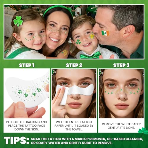 Cerlaza St Patricks Day Accessories, 40 Pcs St Patty's Day Glitter Gold Green Freckles Temporary Tattoos Shamrock Face Stickers, Saint Patricks Party Decorations Outfit Accessories for Women Kids
