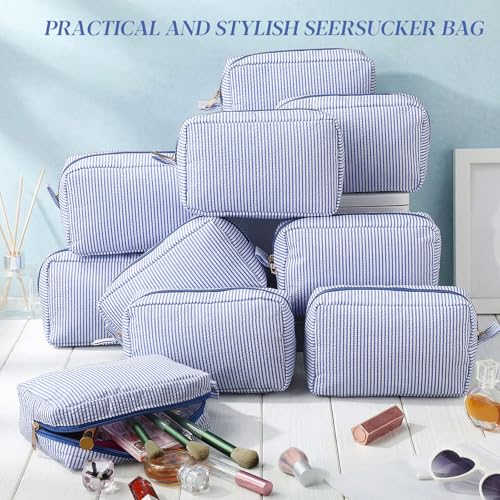 Sanwuta 10 Pcs Seersucker Cosmetic Bag Seersucker Makeup Bag Women Stripe Large Travel Toiletry Organizer Preppy Storage Pouch for Embroidery Wedding Bridesmaid Bride Mom(Sea Blue)