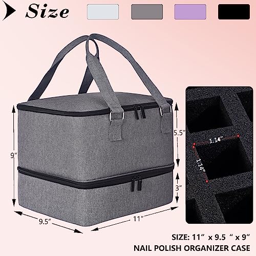 Nail Polish Organizer Case - Holds 42+ Bottles (15ml/0.5 fl.oz) and 1 Nail Lamp, Upgraded Double-layer Nail Polish Carrying Case Nail Polish Storage Bag with Handles (Grey)