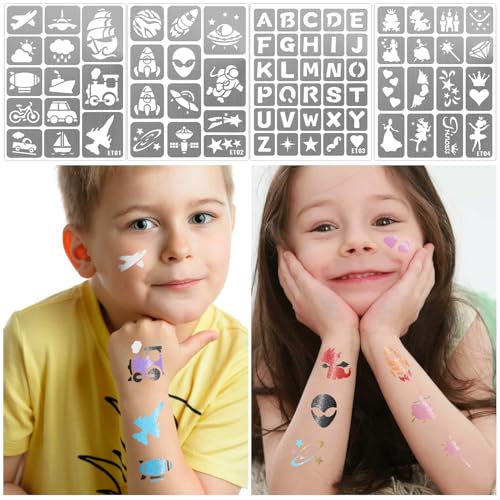 183 PCS Face Paint Stencils for Kids, Boys Girls Face Stencils Temporary Tattoo Stencils, Glitter Tattoo Stencil Stickers for Kid School Show Birthdays New Years Party, Face Paint Stencils Reusable