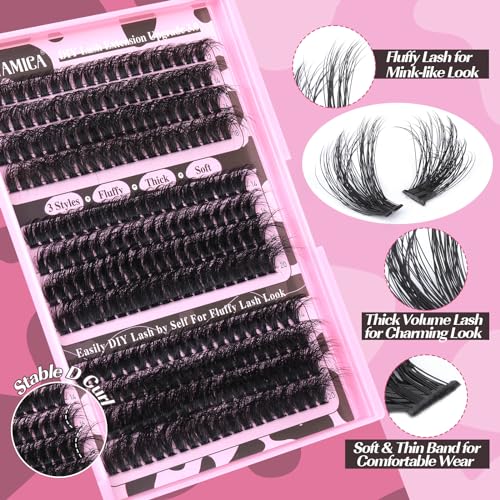 Yawamica Eyelash Extension Kit Fluffier Thick Volume Lash Extension Kit 14-20mm D Curly Mink Lash Clusters 240pcs Individual Lashes Kit with Bond and Seal and Lash Applicator DIY at Home for Beginner