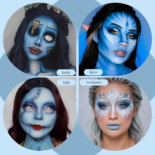 KYDA Black White and Light Blue Face Paint Kit, Face Body Painting Kit with Brush for Sally Corpse Bride Smurf Avatar Mermaid Demon SFX Makeup and Costume Cosplay, Eyes for Spot Games