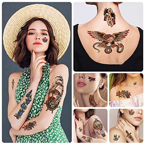 77 sheets Classic Temporary Tattoos Adult, Old School Tattoos Stickers, Sailor Jerry Style Fake Tattoo, American Traditional Flower Rose Arm Temporary Tattoos for Women Men Kids