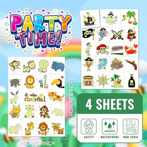 EMOME Glow Temporary Tattoos for Kids, Kid Tattoos for Party Favors Decorations Supplies, Cute Tattoo Sticker Goodie Bag Stuffers Boys and Girls (Pirate)