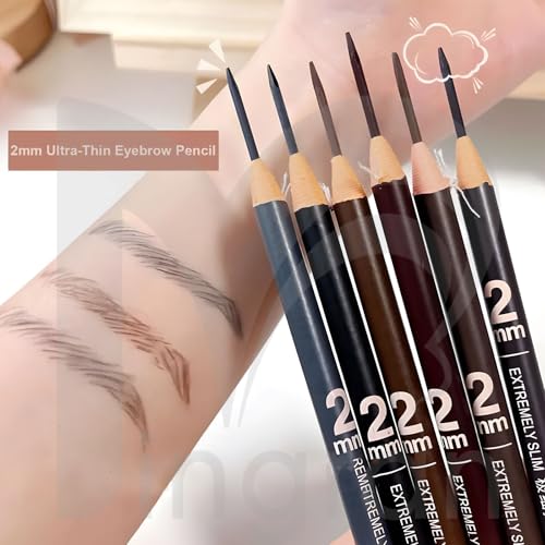 6pcs 2mm Ultra-Thin Eyebrow Pencil with Brush Waterproof Long-Lasting Slim Eyebrow Pencil Peel off Microblading Mapping Pencils (#01 Black)