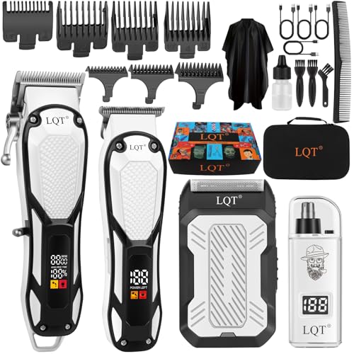 Hair Clippers for Men 4 Pcs White LED Display Cordless Clippers Set Professional Electric Beard Trimmer for Men Foil Shaver Nose and Ear Hair Trimmer with Storage Bag, Men's Gifts