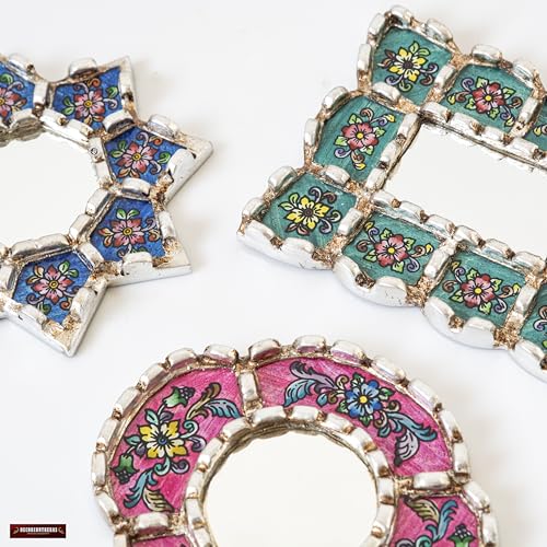 Handmade Mirrors Set of 3 for Wall Decor - Silver Leaf Small Mirror Set - Turquoise, Blue, Fuchsia Accent Decor (6in)