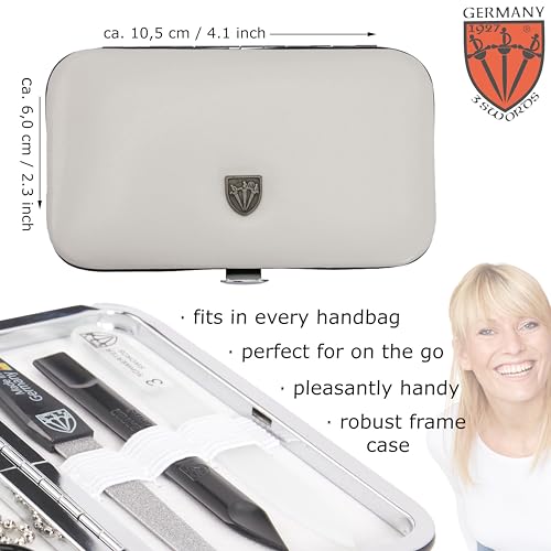 3 Swords Germany - Brand Quality 6 Piece Manicure Pedicure Grooming kit Set - Scissors, Metal and Glass Nail File, Clipper, Tweezers with Synthetic Leather case - White/Black Tools