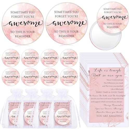 50 Set Women's Day Inspirational Compact Mirror Bulk Gift for Women Mini Makeup Pocket Mirror Employee Appreciation Gifts with Motivational Cards for Mother's Day Social Coworker Teacher (Pink)