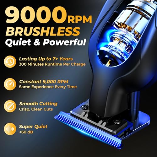Zero Gap 9,000 RPM Brushless Professional T Blade Trimmer for Men: Cordless Hair/Beard Clipper Edger Liner Outliner with LED Display 300min Runtime Fast Charging Stand Travel Pouch
