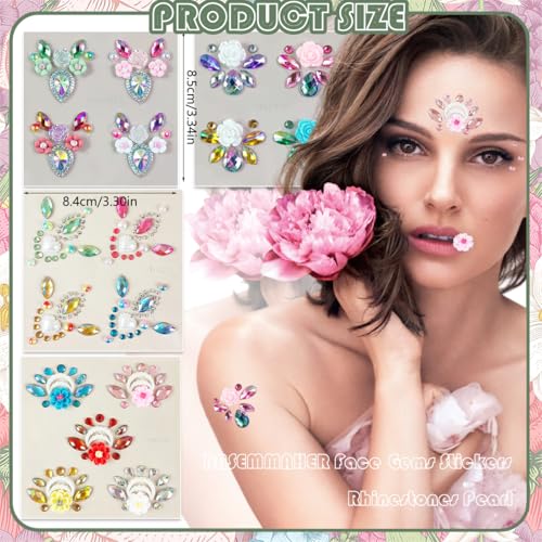 17Pcs Face Eyes Gems Tattoo Stickers 3D Flowers Rhinestone Crystal Pearl Mermaid Diamond Forehead Sticker Glitter Self Adhesive Eyeliner Makeup Decals for Women Girls Rave Festival Party
