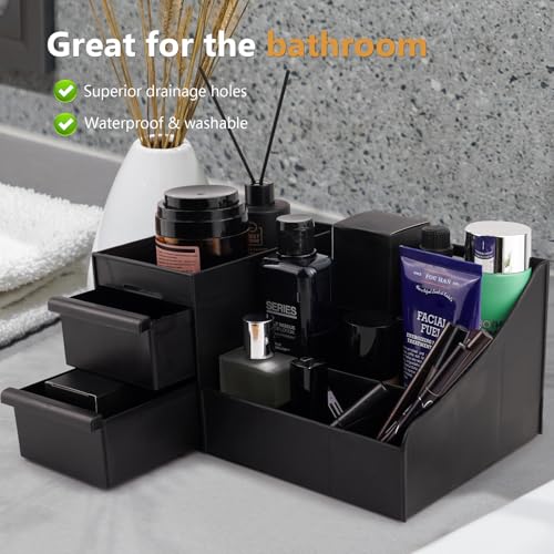 Black Vanity Organizer with Drawers ? Large Mens Countertop Storage Box for Cologne, Skincare, Makeup, Perfume ? Waterproof Dresser Organizer for Bathroom, Bedroom, Desk