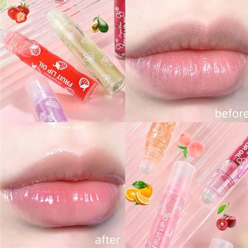 6Pcs Roll-On Lip Gloss Set,Fruit Flavored Roll On Rollerball Lip Oil,Transparent Plumping Lip Gloss,Non Toxic Lip-Makeup Set