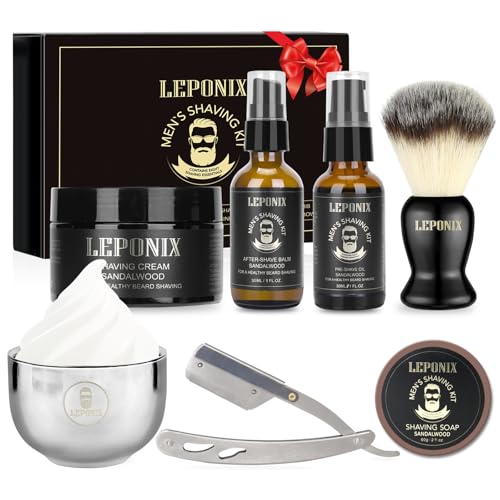 Mens Shaving Kit, Include Straight Razor, Sandalwood Shaving Soap & Cream, After Shave Balm, Pre-Shave Oil, Brush & Bowl ? Christmas Gifts for Men Him Secret Santa Gift Set Stocking Stuffers