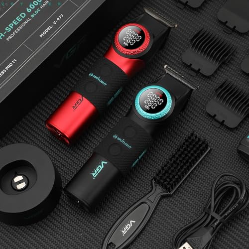 VGR 977 Professional Hair Trimmer Hair Clippers for Men, 8000rpm T-Blade Trimmer Zero Gapped Cordless Barber Clippers, Rechargeable Edgers Clippers with LED Display(Red)