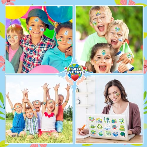 HOWAF 96pcs Earth Day Temporary Tattoos for Earth Day Decorations, Earth Day Tattoo Stickers for Kids, Earth Day Party Favors Environmental Protection Face Tattoos, Blue Green Save Earth Fake Tattoos