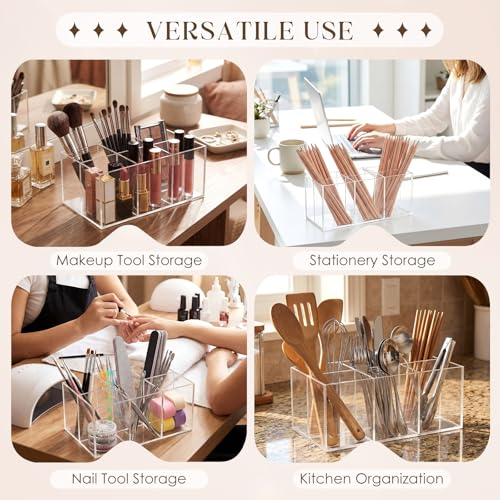 Zhehao 2 Pack Clear Acrylic Makeup Brush Holder Organizer, 6-slot Cosmetic Storage Organizer Pencil Holder for Vanity, Countertop & Desk, Transparent Makeup Brush Stand for Brushes, Lipsticks & Pens
