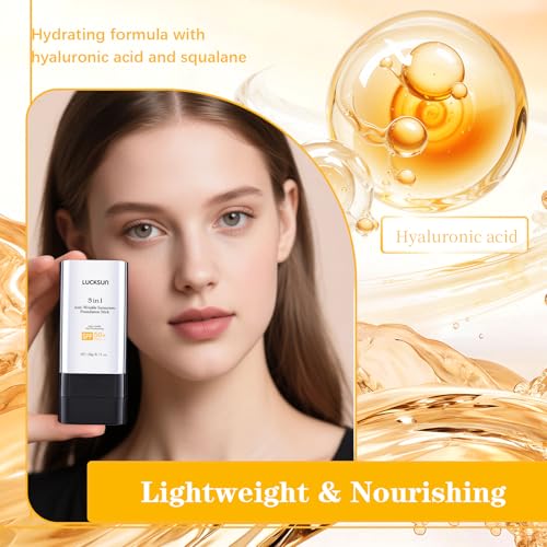 3 In 1-Luxury Anti-Wrinkle Foundation Stick SPF 50+ with Brush, Hydrating Non-Sticky Matte Foundation Stick, Travel Size Defense Face and Body Sunscreen Lotion, Medium Color, 1.42 Fl Oz
