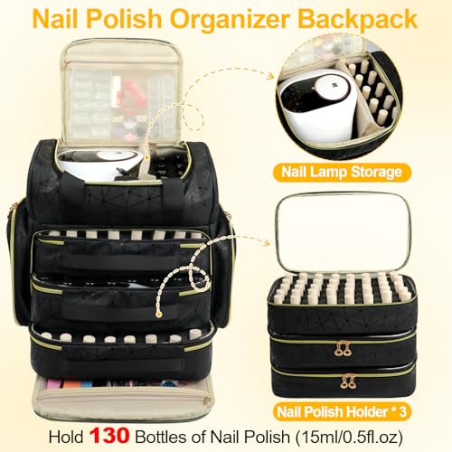 Nail Polish Organizer Backpack Holds 130 Bottles (15ml/0.5fl.oz)& Nail Lamp, Extra Large Nail Kit Storage Bag with 3 Removable Carrying Cases, Nail Tech Supplies Organizer Case for Women Black