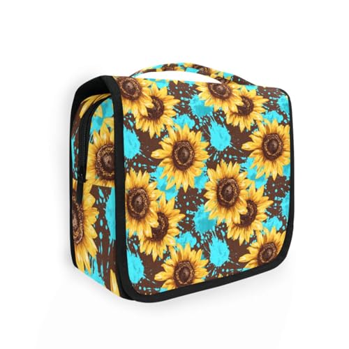 Hanging Toiletry Bag for Women Teal Art Floral Sunflower Makeup Bag Travel Essentials Toiletries Organizer Bag Flower Cosmetic Bag Foldable