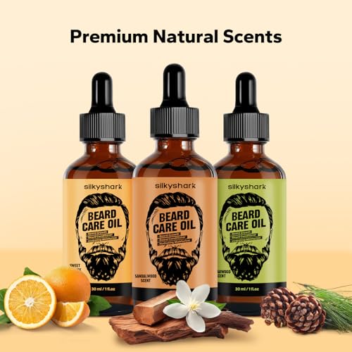Beard Oil (3 Pack, 90ml), Beard Growth & Conditioning Oil for Men, Hydrating Beard Moisturizer for Grooming & Care, Sandalwood, Cedarwood, Sweet Orange Scents