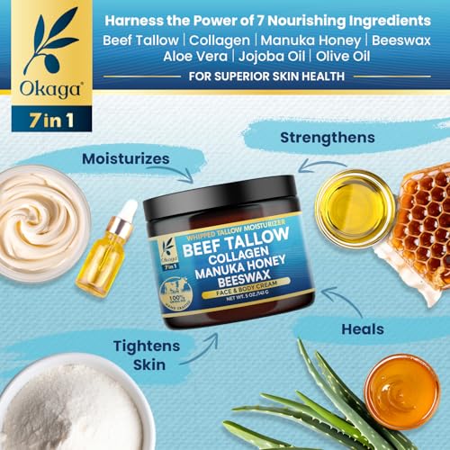 Organic Beef Tallow for Skin, Organic Grass-Fed Beef Tallow Balm with Manuka Honey, Aloe Vera, Jojoba Oil, Collagen & Beeswax, Olive Oil, Moisturizer for Dry Skin, Nourishes Face, Body & Lips (2 Pack)
