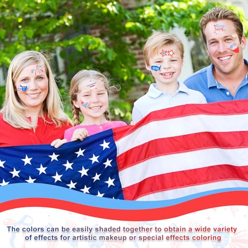 19 Pcs Red White Blue Face Paint Kit Patriotic Stripe Fan Brush Stick 3 Color Face Glitter Powder Stencil Stickers with Makeup Brush Independence Day Face Painting Kit for Memorial Day Party Favors