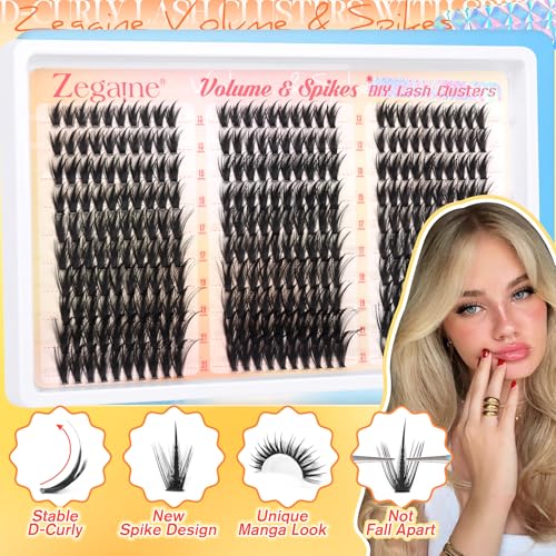Manga Lash Clusters Natural Eyelash Clusters With Spikes 300Pcs 13-21MM Long Wispy Cluster Eyelash Extensions D-Curly Volume Lash Clusters Anime Individual Lashes Fairy Lash Extensions by Zegaine