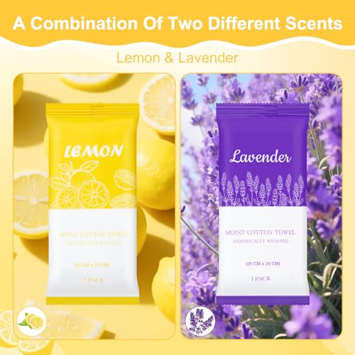 Moist Cotton Towels, 10"x10" Disposable Refreshment Pre Moistened Towels Individually Wrapped Face & Body Wet Moist Terry Cotton Towelettes for Travel Hotel Sport Camping Spa (Lavender Lemon 200Pcs)