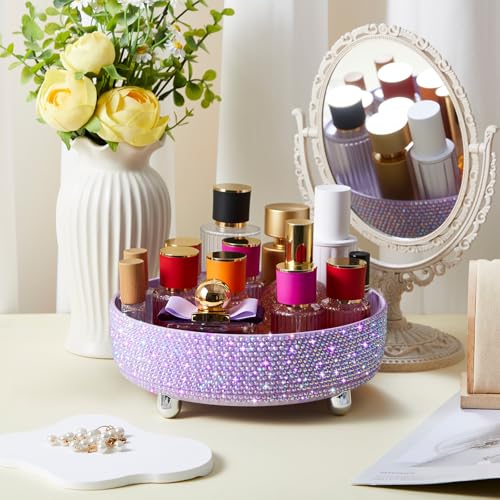 Honeydak Bling Perfume Makeup Organizer Bling Valentine's Day Mother's Day Gifts for Women Rhinestone Bathroom Organizers and Storage 360 Rotating Makeup Organizer for Countertop(Purple,Rhinestone)