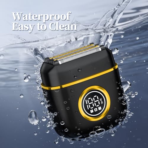 HIENA PRO Men's Electric Foil Shaver - USB-C Rechargeable, IPX7 Waterproof, Pocket-Sized with LED Display for Travel & Home (Black Gold)