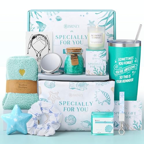 Briney Valentines Day Gifts for Women, Spa & Personal Care Package, Bath and Body Basket Set, Unique Relaxing Ocean Themed Present for Mom Wife Sister Best Friend