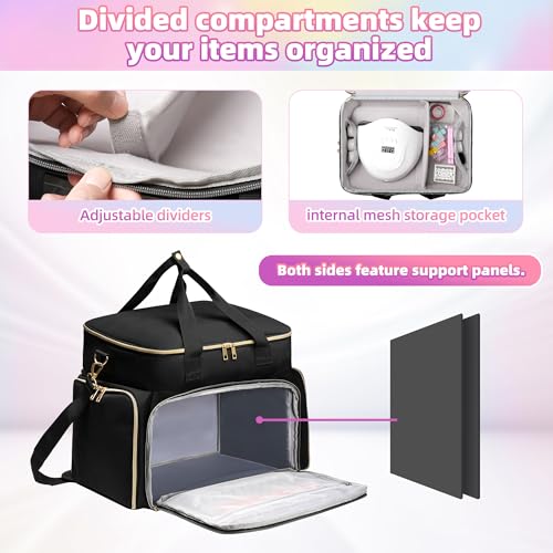 DERSTUEWE Nail Polish Organizer Case ? Waterproof Travel Bag with Hard Bottom ? Double Layer Nail Storage Bag with Adjustable Dividers & Nail Lamp Compartment (Black)