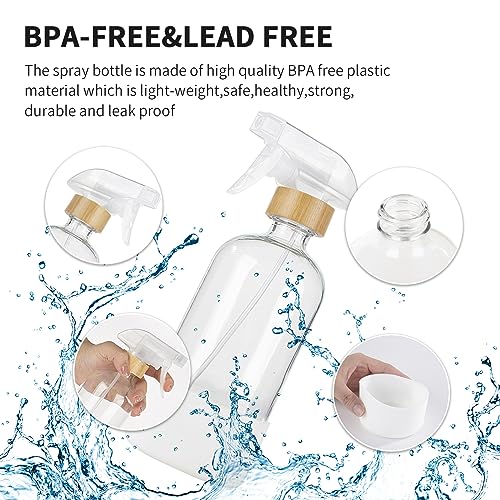 HOMBYS Empty Bamboo Glass Spray Bottles with Silicone Sleeve Protection - Refillable 17 oz Clear Glass Containers for Cleaning Solutions, Essential Oils, Misting Plants - Quality Sprayer - 3 Pack