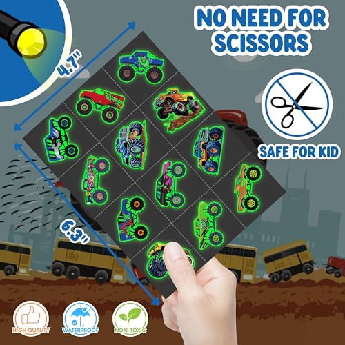 72 PCS Monster Truck Party Favors ? 48 PCS Luminous Tattoos & 24 PCS LED Finger Lights Combo ? Birthday Goodie Bag Fillers, Party Supplies, Gifts Light Up Toys Glow In The Dark for Boys and Girls