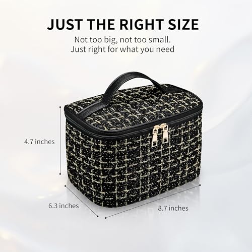 Makeup Bag, Luxury Tweed Cosmetic Bag for Women, Large Capacity Toiletry Bag Portable Organizer Pouch with Handle