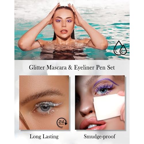 Silver Glitter Mascara + Eyeliner Pen Set, Shimmer Volume Colorful Mascara, Sparkling Liquid Eyeliner, Waterproof, High-Pigmented, All-Day Wear Shine Eye Makeup for Dazzling Looks