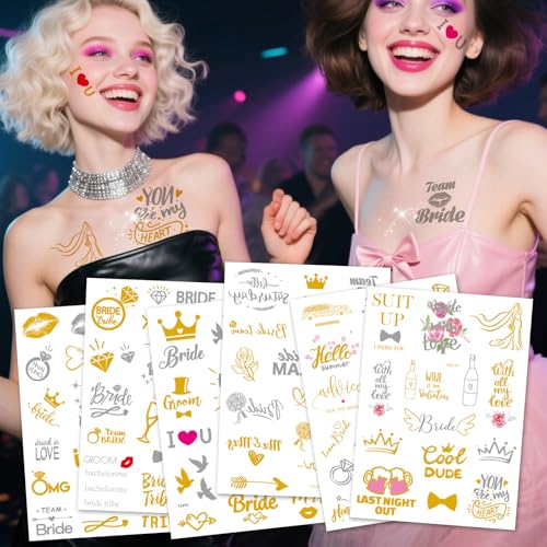 6 Sheets Gold Silver Temporary Tattoos for Women Men ? Metallic Tattoo Stickers for Bachelorette Party, Bridal Shower, Wedding Celebrations, and Team Bride Events ? Waterproof Fake Tattoos