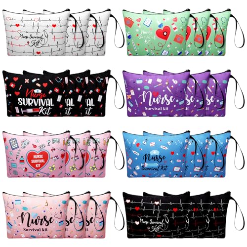 24 Pack Nurse Cosmetic Bags Bulk Novelty 2026 Nurses Week Gift Nursing Survival Kit Canvas Zipper Pouch Bags Thank You Gift for Nursing Week Medical Assistant Healthcare Graduation(Classic)