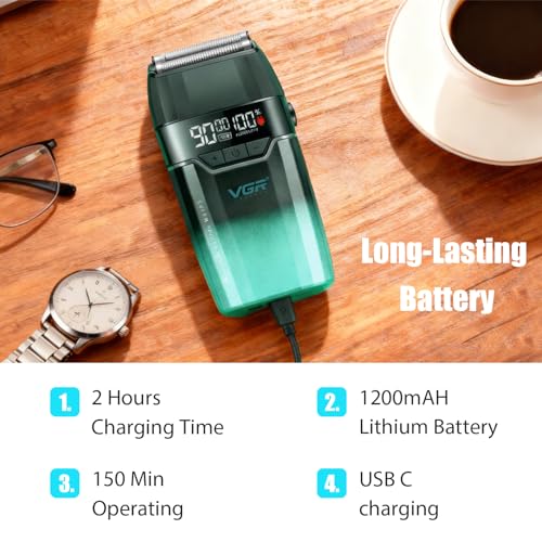 VGR 308 Electric Shavers for Men, Professional Double Foil Shaver 9000RPM Cordless Head Shaver with Titanium Foils, LED Display, USB Rechargeable Men's Electric Razor for Face & Beard, Green
